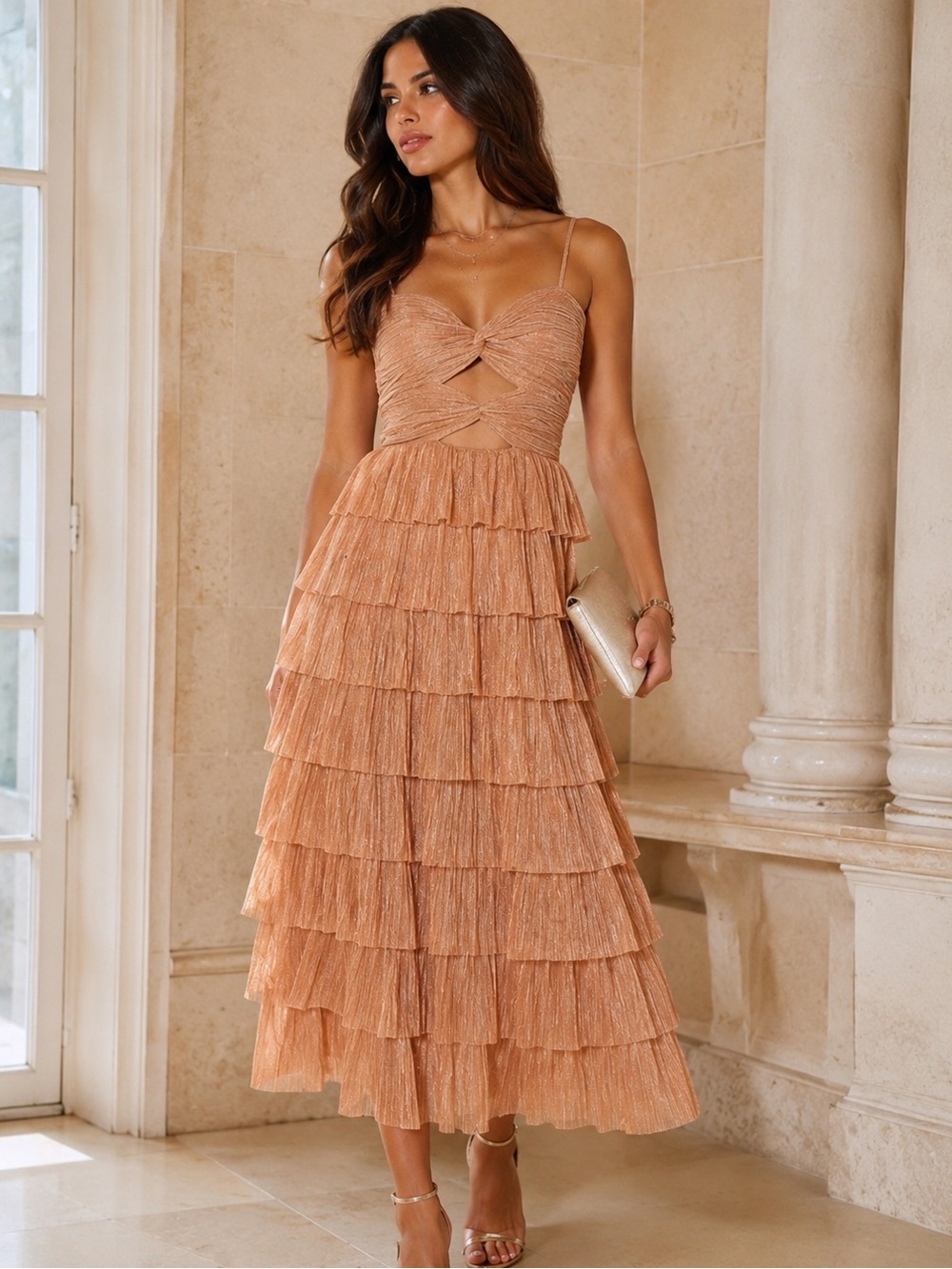 NWT Gianni Bini Grace Metallic Tiered Midi Dress Gold Size 12